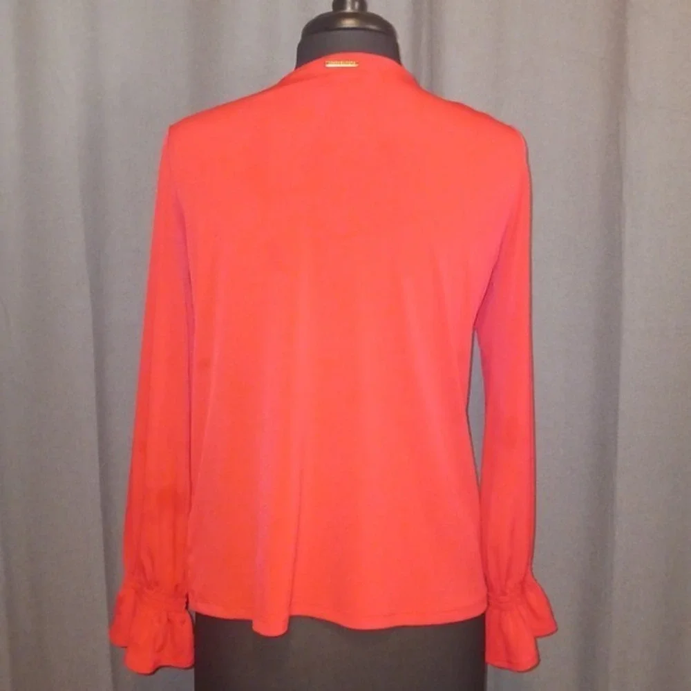 Michael Kors Red Blouse Top Gold Grommet V Neck‎ Long Sleeve Ruffle Cuff small